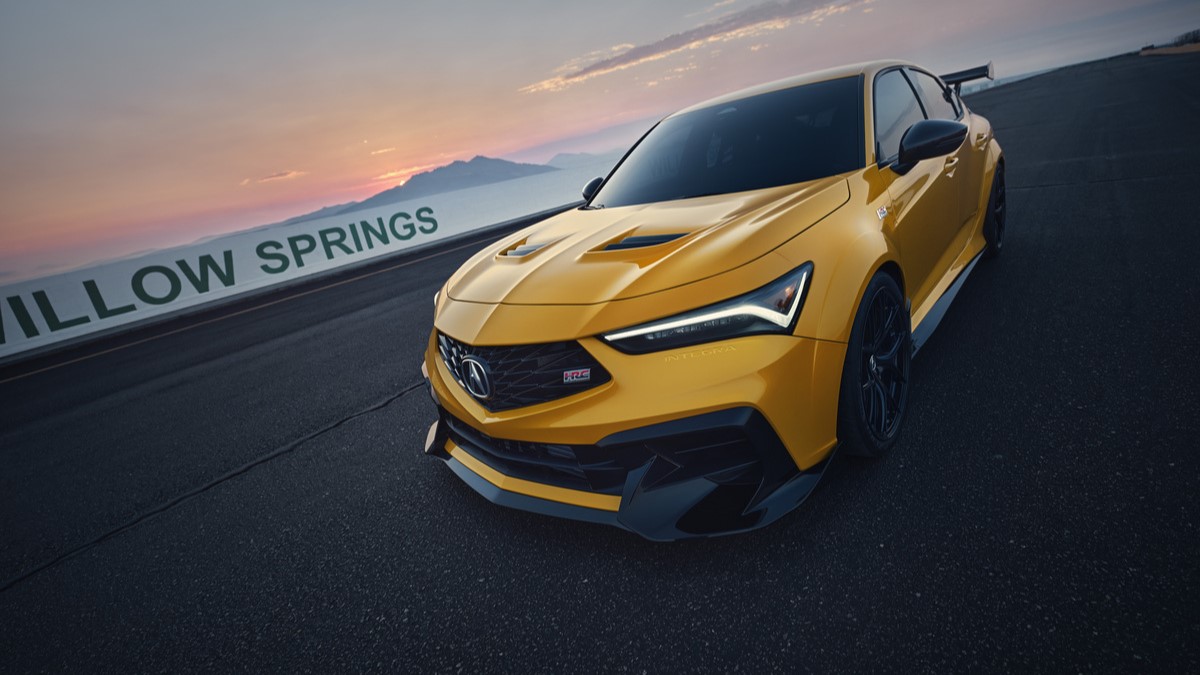 The 2025 Acura Integra HRC Prototype seen form a front quarter overhead angle