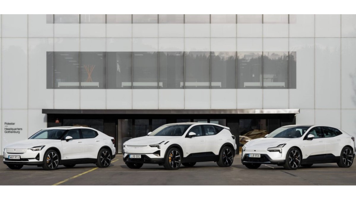 The Polestar 2, 3, and 4 seen from a front quarter angle