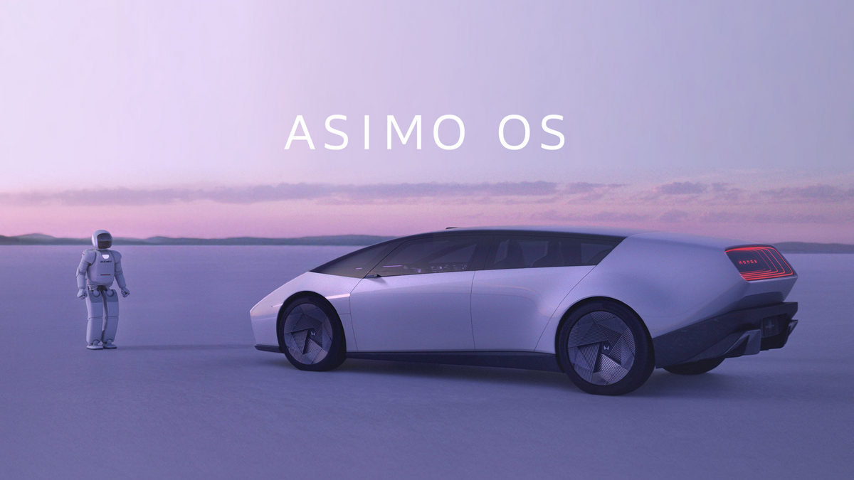 The Honda 0 Saloon faces Honda's ASIMO robot