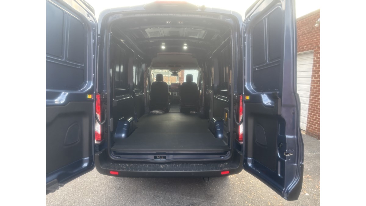 The cargo area of the 2025 For E-Transit, seen from the rear