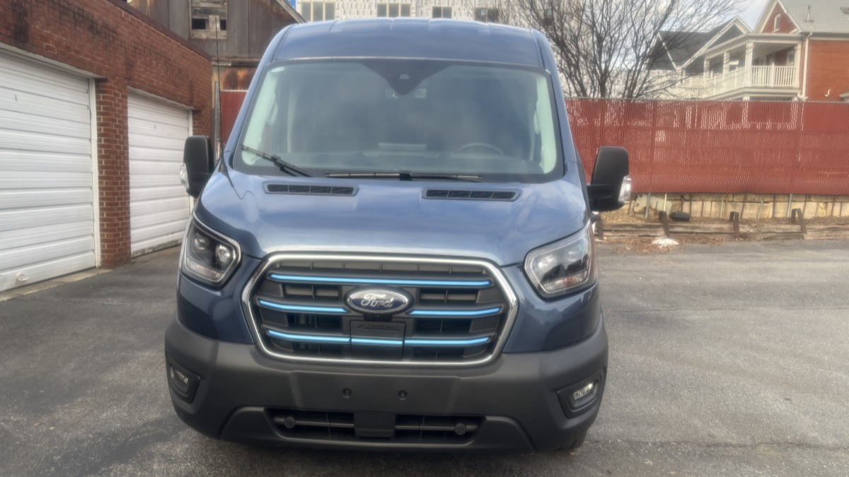The 2025 Ford E-Transit seen from head on