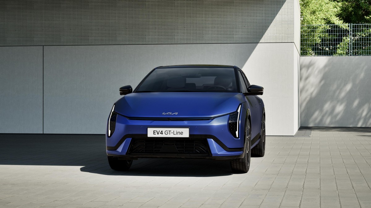 The 2026 Kia EV4 seen from a front quarter angle
