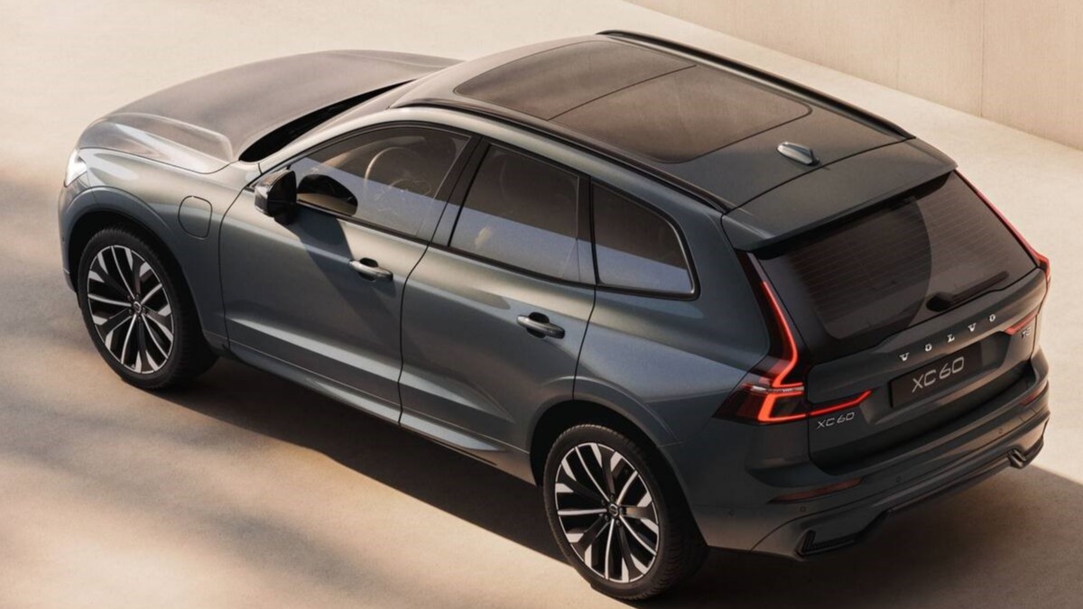 The 2026 Volvo XC60 seen from a rear quarter overhead angle