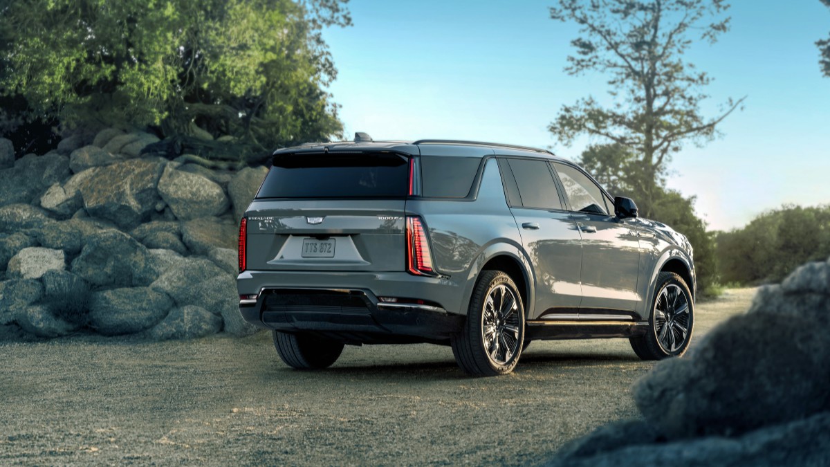 The 2026 Cadillac Escalade IQL seen from a rear quarter angle