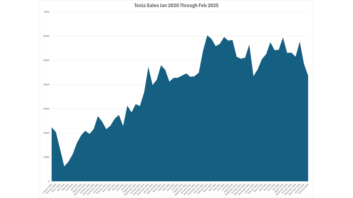 A chart showing Tesla sales from 2020 through February, 2025