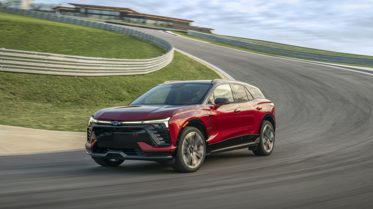The 2025 Chevrolet Blazer EV SS seen from a front quarter angle on a track