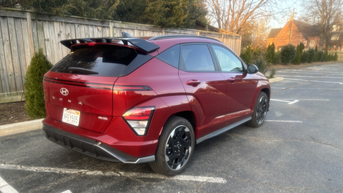 The 2025 Hyundai Kona Electric seen from a rear quarter angle