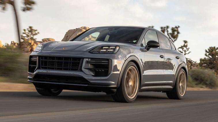 2025 Porsche Cayenne Turbo GT driving in Palm Springs.