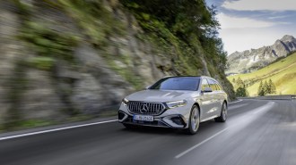 The 2026 Mercedes-AMG E53 Hybrid Wagon seen from a front quarter angle