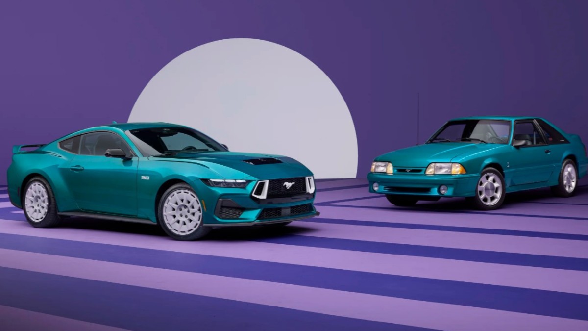 The 2026 Ford Mustang with the FX Package parked with the Fox Body Mustang that inspired it